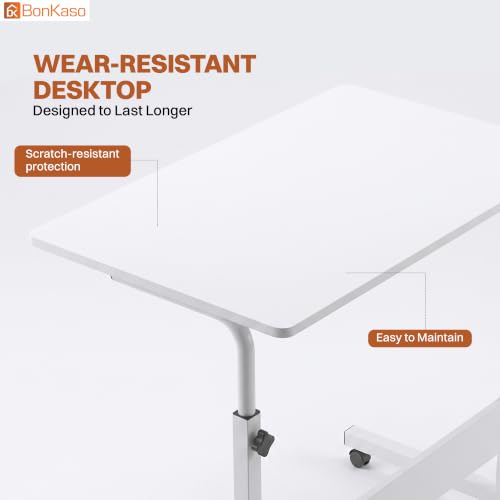 Image of BonKaso Height Adjustable Laptop Table with Wheels, Portable Rolling Computer Desk, Wooden Top, Lockable Casters, Mild Steel Frame, Multipurpose Bed Sofa Study Work Table for Home Office - White