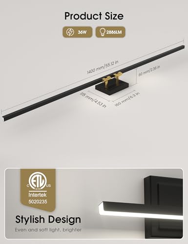 Image of VOLISUN Modern Bathroom Vanity Light 55 inch, Rotatable, 36W Dimmable 5CCT Led Bathroom Light Fixture Over Mirror, Black Gold Bar Vanity Light for Bathroom Mirror Cabinets-ETL Certificated