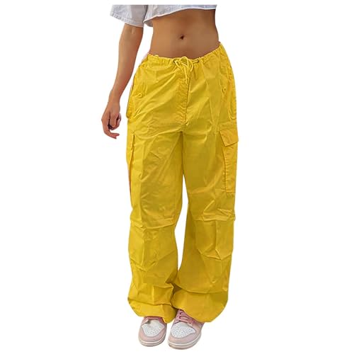 Women Cargo Pants Drawstring Elastic Waist Wide Leg Lounge Parachute Pants Solid Color Lightweight Baggy Trousers with Pocket