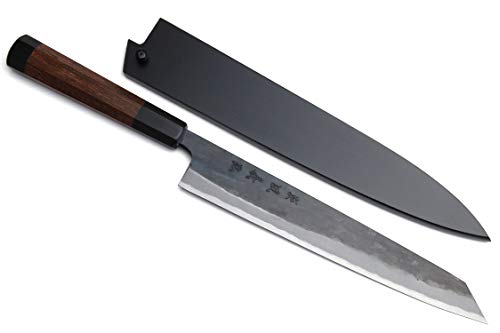 Yoshihiro Mizu Yaki Black Finish Blue Steel #1 Kurouchi Sujihiki Kiritsuke Slicer Chef Knife Rosewood Handle (10.5'' (270mm) & Saya)