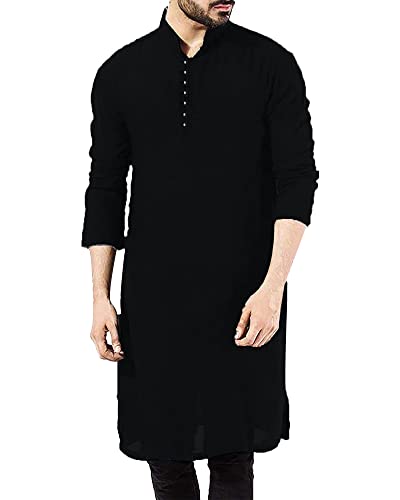 YAOHUOLE Chemise en lin à manches longues Thobe pour homme - Pour homme - Coupe droite, 02 noir., L Cover