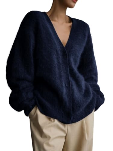 Image of chouyatou Women Furry Open Front Cardigan V-Neck Loose Casual Fluffy Knit Button Down Sweater Coat