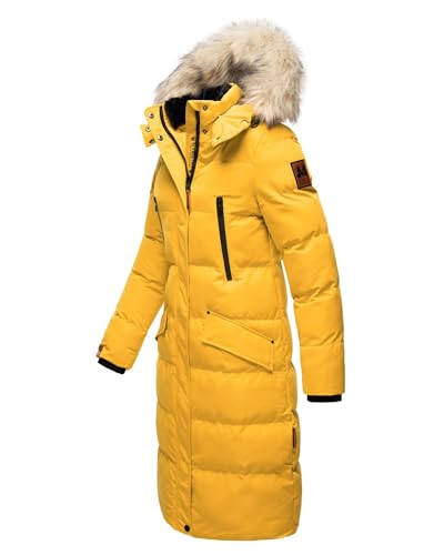 MARIKOO lange Damen Winterjacke warmer Parka gesteppt mit Kapuze B890 [B890-Schneestern-A-Yellow-Gr.M]