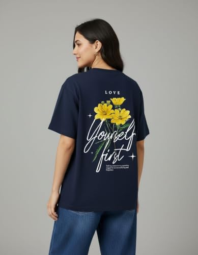 Image of Oversized Cotton T-Shirt for Women Half Sleeve - Love Yourself First Printed Tee - Breathable Loose Fit Motivational Casual Wear for College and Daily Outfits