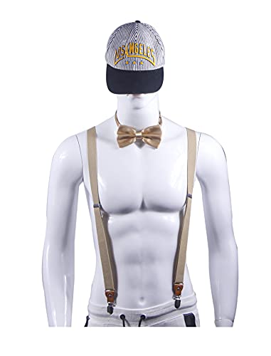 Doloise Suspenders Men&Women Bowtie Set X Back Suspender For Wedding&Formal Events With 1 Inch Wide Elastic Braces (Khaki) #TOP1