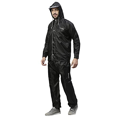 Image of ZEEL Rain Coat for Men Waterproof for Bike Riders with Adjustable Hood along with inner pockets,Waterproof Raincoat with Polyester Jacket,Pants and Carrying Pouch,AW01 Eco-Black XXXL