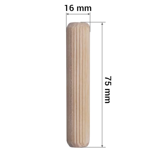 SKIR’CO (10 Stück) Holzdübel 16 x 75 mm, gerillte Holzdübel, geriffelte Stifte für Möbel, gerillte Dübel