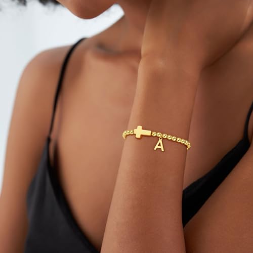 Gold Initial Bracelets for Women Girls - 18K Gold Plated Cross Initial Bracelet Dainty Beaded Bracelet Gold Bracelets for Women Teen Girl Gifts2