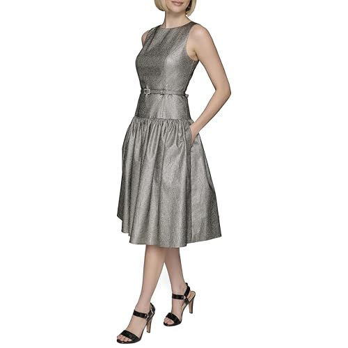 Image of Karl Lagerfeld Women's Sleeveless Boat Neck Drop Waist Belted Midi Dress