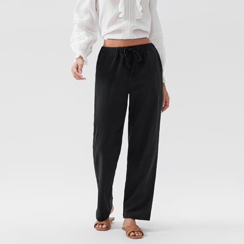 Wide Leg Linen Pants Women Casual Drawstring Low Waist Beach Pants Trendy Loose Lounge Pants Trousers with Pockets2