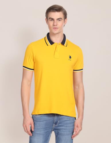 Image of U.S. POLO ASSN. Solid Slim Fit Cotton Polo T Shirt for Men - Breathable, Half Sleeves Mens Tshirt - S, Yellow