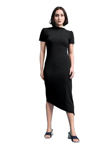 Image of PURVAJA Women's Bodycon Midi Short Sleeve High Neck Solid Dress