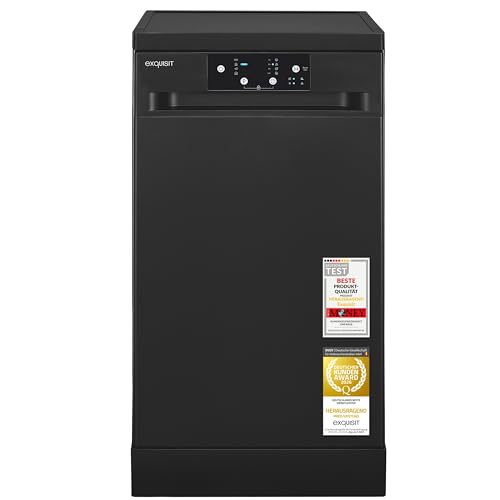 Exquisit Geschirrspüler GSP9109-450D schwarz | 9 Maßgedecke | 4 Programme | Eco 10 L | Startzeitvorwahl | LED-Anzeige | Aquastop