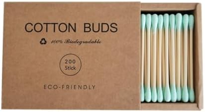 200 PCs Premium Cotton Swabs Natural Cotton Buds Biodegradable Organic Double Tips for Ear Wax Removal (200PCs,Green)