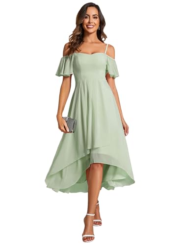 Image of Ever-Pretty Women's Summer Cold Shoulder Hi-Lo Asymmetrical Hem Flowy Chiffon Short Wedding Guest Dress 02103