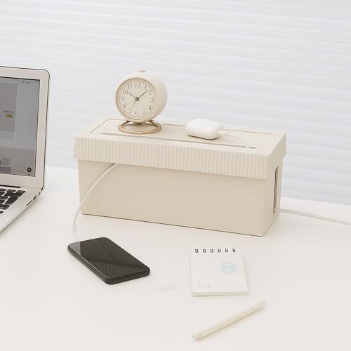 Image of Soko Cable Management Box with Mobile Stand | Cords Hider & Surge Protector | Concealer for Power Strips, Router, Gadget Wires Storage Organizer Tray for Desk, Table - Home, Office - Off-White