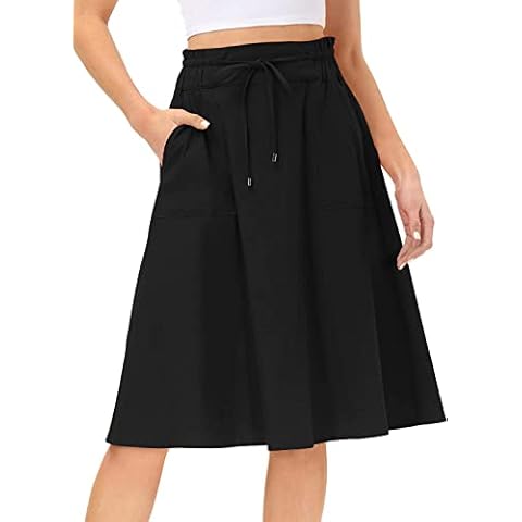 Edjude Women Midi Skirt Elastic Waist Skirts Casual Cotton Linen Spring Summer Autumn Solid Color Ruffle Flowy Dress Size XL Black Cover