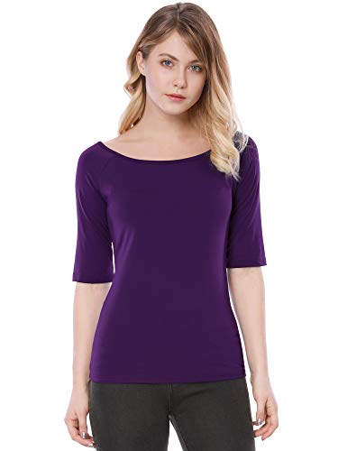 Image of Allegra K Women's Half Sleeves Boat Neck Fitted Elbow Length Top Soft T-Shirt, Dark Purple, S
