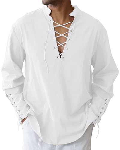 LVCBL Camisa medieval para hombre, camisa de lino estilo retro tradicional, con cordones, M 3XL, Blanco, L
