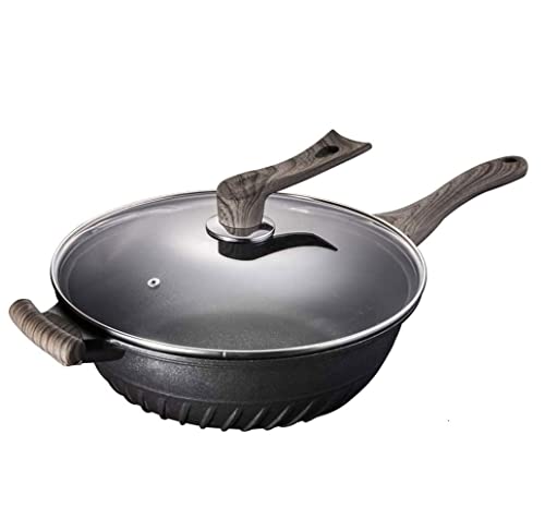 Wok Pan - Wok y sartenes de aluminio con mango de madera y tapa, sartén de fondo plano para todas las estufas