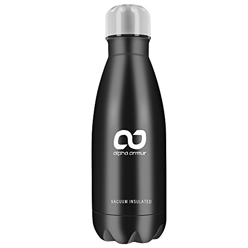 Alpha Armur 12 Oz (350ml) Insulated Hiking Water Bottle Double Wall Vacuum Insulated Stainless Steel Water Bottle Flask Protein bicycle metal water Bottle with Narrow Mouth, Black