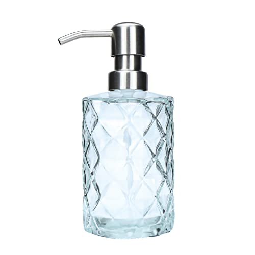 Image of Plomkeest Glass Soap Dispenser 340 ml Clear Glass Jar Soap Dispenser with Stainless Steel Pump Liquid Soap Dispenser for Bathroom, Kitchen, Decoration, Ideal for Lotions (Clear Glass + Silver Pump)