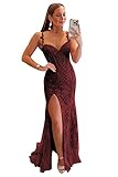 Miao Duo Women's Lace Appliques Prom Dress Long Mermaid Spaghetti Straps Open Back Prom Formal Party Gowns with Slit Burgundy Size 0