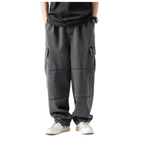 Mens Loose Fit Straight Leg Denim Cargo Pants Hip Hop Baggy Wide Leg Jeans Causal Streetwear Pant Trousers