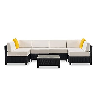MCombo Patio Furniture Sets 7 Pieces Outdoor Wicker Sectional Sofa Set, PE Rattan Aluminum Frame Conversation Sets with Washable Cushion and Glass Table for Garden, and Backyard, 6080-7PC (White)