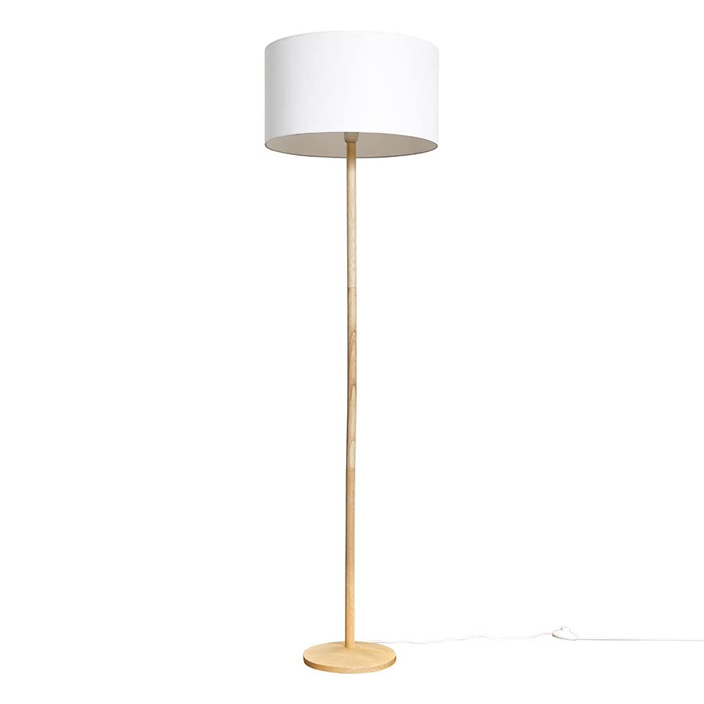 B&Q -  Triston Single Stem Natural Light Wood Floor Lamp With White Drum Shade