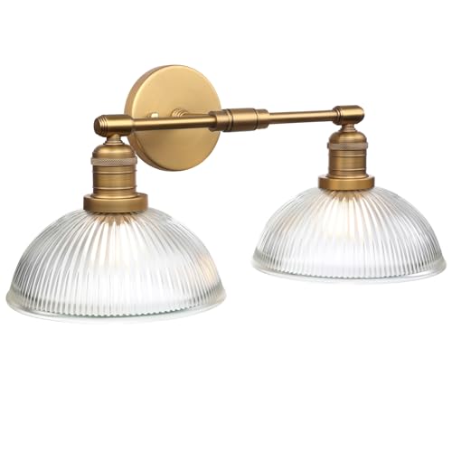 Image of Yosoan 2-Light Brass Indoor Wall Sconce with Striped Shade, Modern Vanity Light Vintage Industrial Wall Mounted Lamp Hardwired Bowl Glass Shade for Living Room Kitchen Bedroom Home Decor(Antique)
