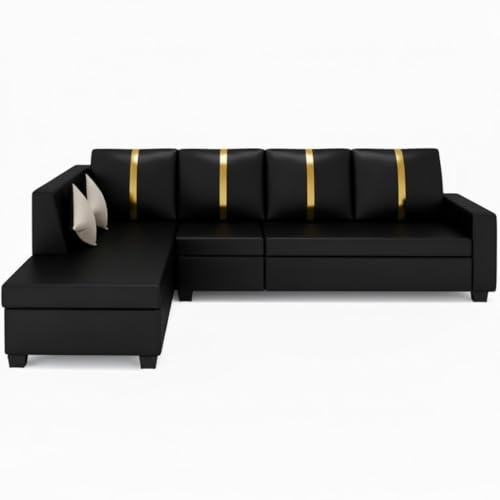 Image of FURNY Nathanoy 5 Seater Leatherette LHS L Shape Sofa Set (Black) Premium Finish | Ideal for Living Rooms