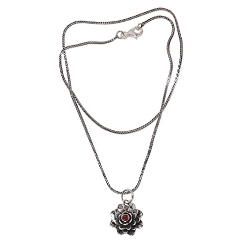 NOVICA Garnet .925 Sterling Silver Handmade Flower Pendant Necklace 'Sacred Red Lotus', 17"