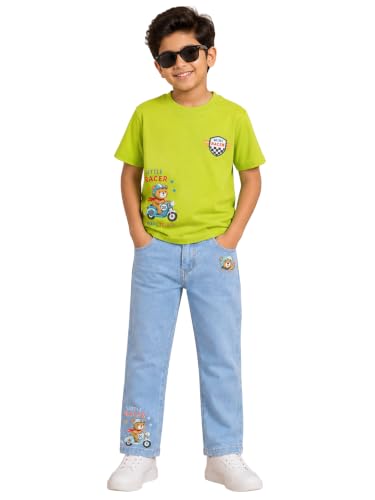 Image of KiddoPanti Boys Printed Co-Ords Set | 100% Cotton & Cottnon Spandex Woven | Drop Shoulder Tshirt with Jeans | Graphic Printed Design| Outerwear For Kids