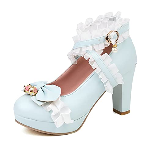 Image of FOREADA Lolita Shoes Platform Mary Jane Heels Kawaii Bow Lace Pearl Pumps | Vintage kawaii lolita styling ideal for dresses, with bead, lace, bow, ankle strap, pink, white and classic black colors