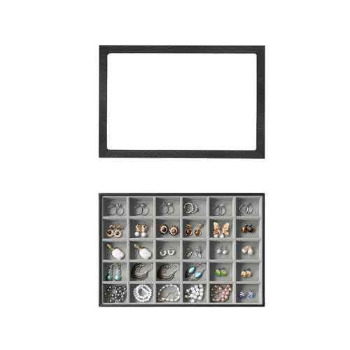 Image of Wudygirl Jewelry Organizer 30 Grid Jewelry Tray with Lid Earring Holder Organizer for Women Ring Earring Bracelet Holder Storage (Pu Black Gray)