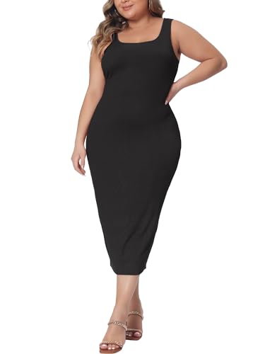 Agnes Orinda Plus Size Dress for Women Summer Sleeveless Square Neck Bodycon Cocktail Sundress Sexy Midi Tank Dress - Main Image