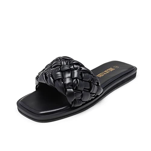 DREAM PAIRS Women's Square Open Toe Slide Sandals Cute Slip on Braided Slides Flat Sandals for Summer 5 Black/Weave