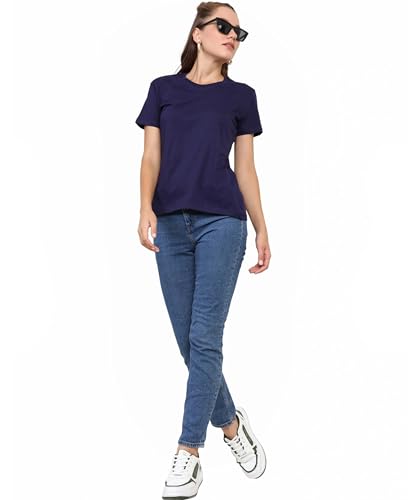 Image of Round Neck T-Shirt Top for Women | Combed Bio-Washed Ring Spun Cotton | Plain | Short Sleeves
