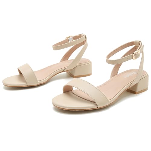 Image of Women's Ankle Strap Sandals, Low Block Heel, Open Toe Summer Dress Shoes with Buckle Closure