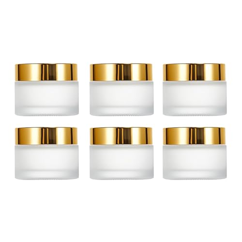 6Packs Round Frosted Glass Jars 1Oz Comestic Sample Containers Empty Airtight Glass Jars with Inner Lids & Golden Caps For Storing Lotions Cream Body Butters Powders
