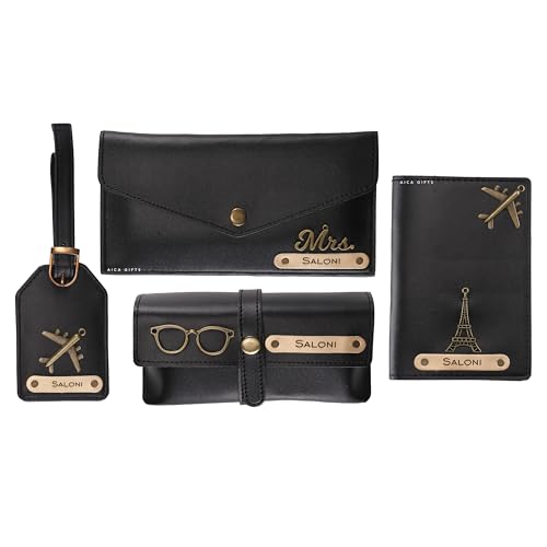 Image of AICA Personalized Name & Charm Passport Cover Combo Giftset for Women (Black) |Customized Diwali Valentine Gifts for Woman Friends Family Office Colleagues Employees | Occasion Special Hampers