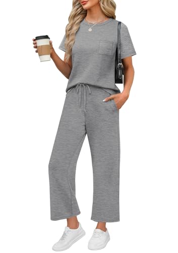 Image of WIHOLL 2 Piece Sets for Women Casual Summer Travel Vacation Outfits Short Sleeve Wide Leg Crop Pants Lounge Sets