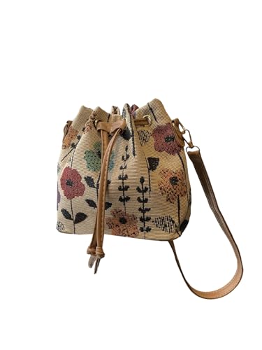 Women's Floral Drawstring Bucket Bag Vintage Crossbody Bags Adjustable Strap Mini Canvas Purses