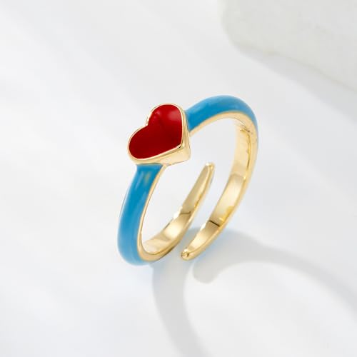 Kokoma Red Heart Open Statement Ring for Women Enamel Love Heart Stacking Ring Promise Engagement Rings Wedding Band Adjustable Finger Band4