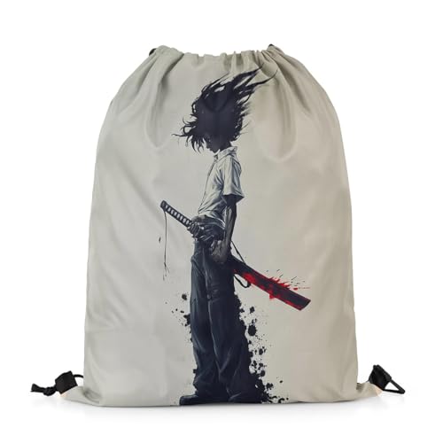 Image of jejeloiu Afro Samurai Drawstring Backpack 13x15.7inch Anime Waterproof Gym Drawstring Bags Japanese Style Sports String Backpack Beach Swim Travel Bag Sackpack