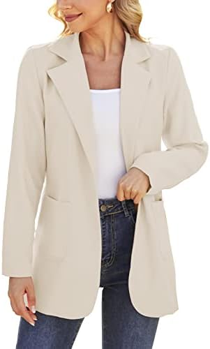 Women Casual Open Front Blazer Long Sleeve OL Office Suit Jacket with Pocket Apricot S