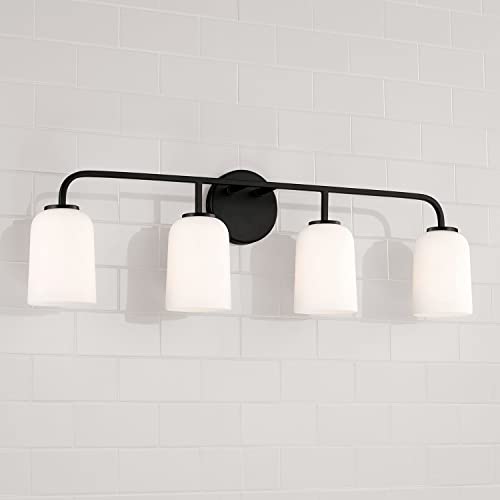 Image of HomePlace Lighting 148841MB-542 Lawson Transitional Soft White Glass Bell Vanity Light for Bathroom, 4-Light 400 Total Watts, 10 inch H x 32 inch W, Black
