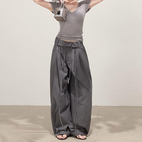 Womens Y2K Baggy Casual Parachute Pants High Waist Wide Leg Straight Draped Streetwear Gray Trousers2