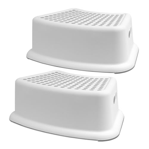 TIENDA EURASIA – Taburete Infantil | Pack de 2 Uds | Soporte Máximo 150 Kg | Medidas 37x25.5x13 cm | Material PP + PTR | Resistente con Base Antideslizante | 1 Peldaño | Taburete de Bebé (Blanco)